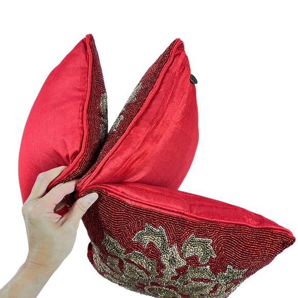 x3 Pier 1 Red Satin Heavily Beaded Geometric Snowflake Festive Pillows Holiday - Picture 4 of 12